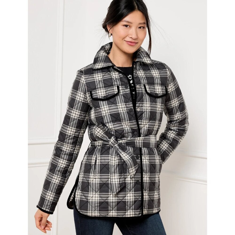 NEW Talbots Black and White Plaid Tie Waist Quilted Shirt Jacket Size XL